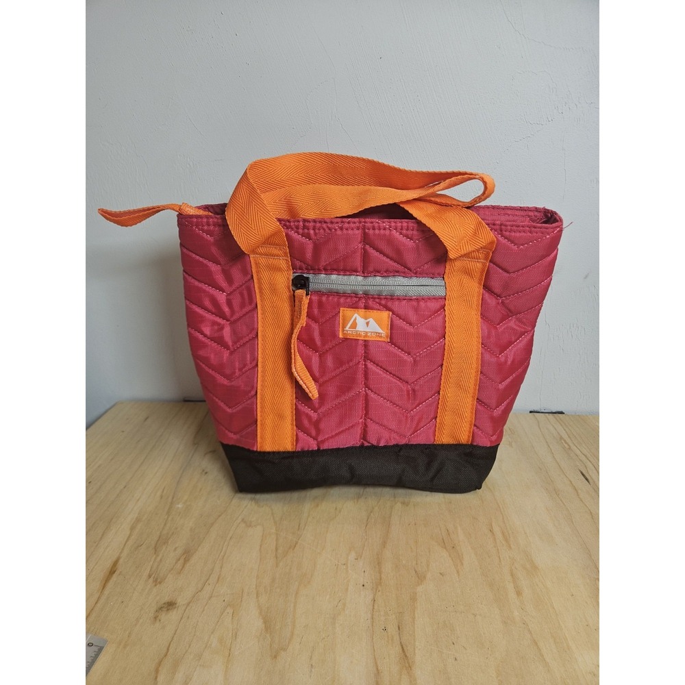 Arctic Zone Insulated Lunch Tote Bag Pink Orange Quilted Zipper Cooler Handbag